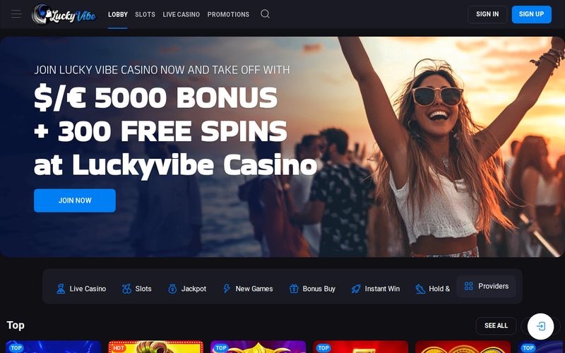 LuckyVibe casino homepage screenshot